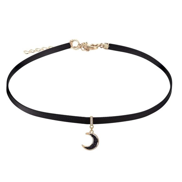 Black Leather Moon Choker Necklace - Picture 1 of 3